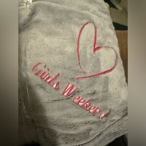 Thirty One gray soft fuzzy blanket. New, stitched with Girls Weekend.